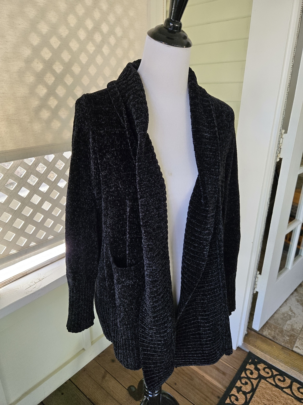Orvis Black Chenille Open-Front Shawl Collar Sweater